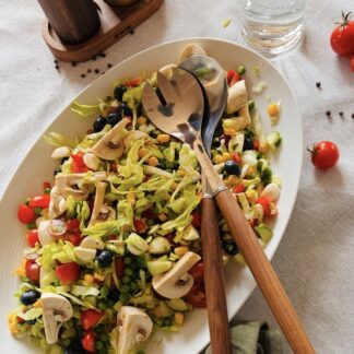 Salatbestik, salatsæt, værtindegave, gave, bestiksæt, træ, egetræ, teaktræ, teak, stål